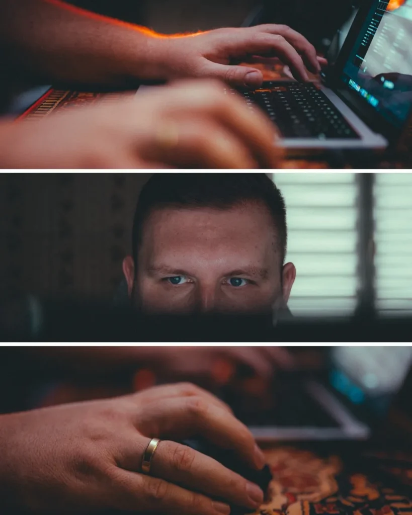 projektowanie stron www Obraz w formie tryptyku: u góry widać dłonie piszące na klawiaturze laptopa, w środku oczy mężczyzny wpatrzonego w ekran w głębokim skupieniu, a na dole widać dłoń z pierścionkiem i myszką na słabo oświetlonym tle — idealne do urzekających fotografii w mediach społecznościowych. fotografia filmowanie augustów